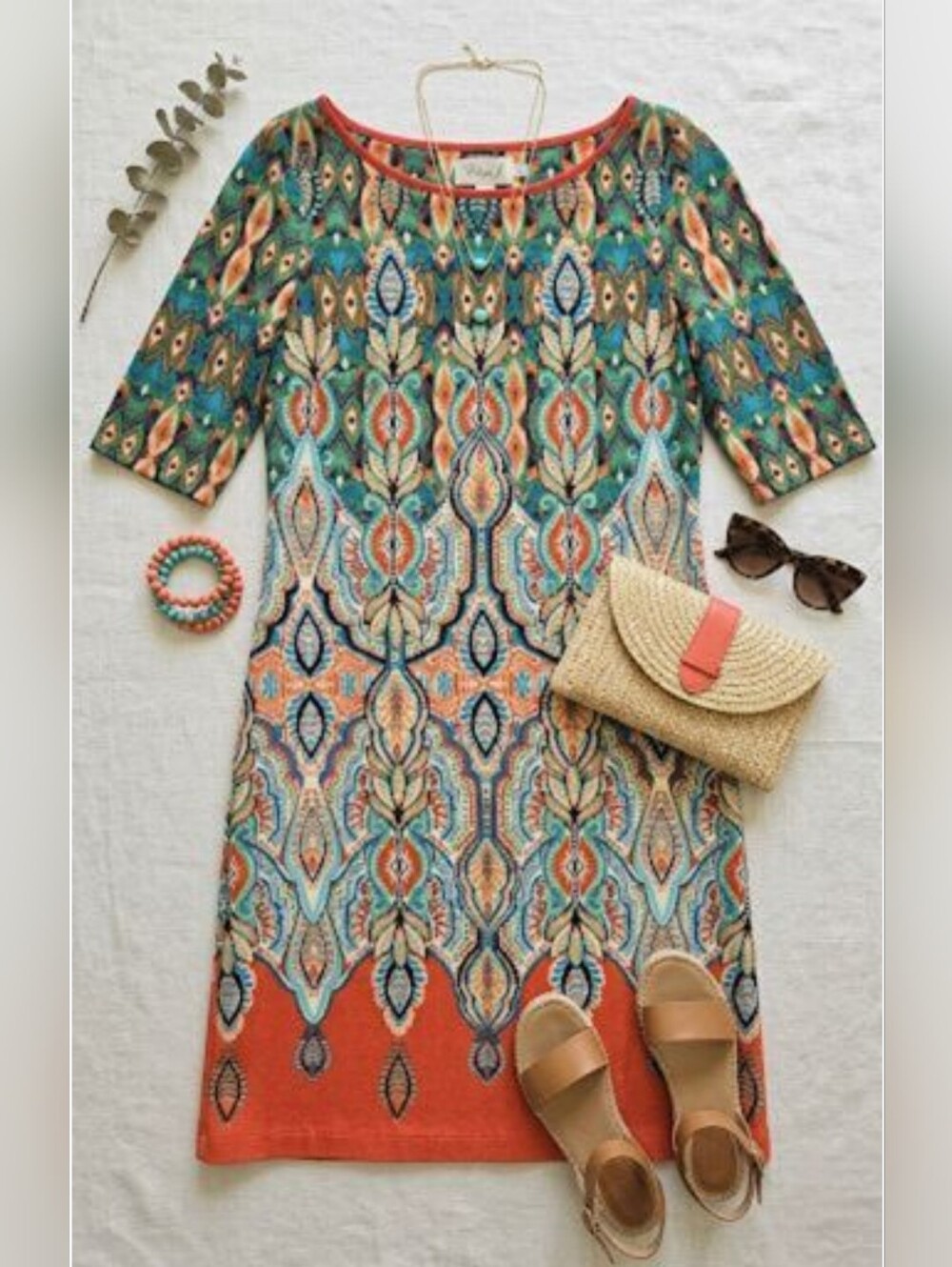 EUC Eliza J Beautiful Green and Red Orange Floral Print Dress, Size 2